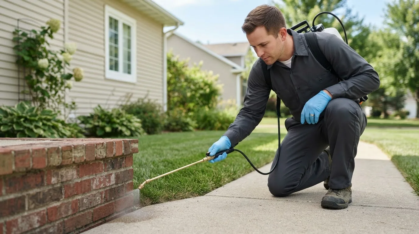 Pest control technician treating a home near Meadow, SD